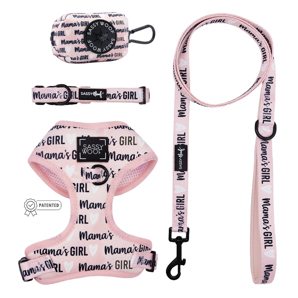 The Sassy Woof Dog Four Piece Bundle - Mama's Girl includes a pink harness, leash, collar, and waste bag holder with black-and-white text—all matching for stylish comfort for your pup.