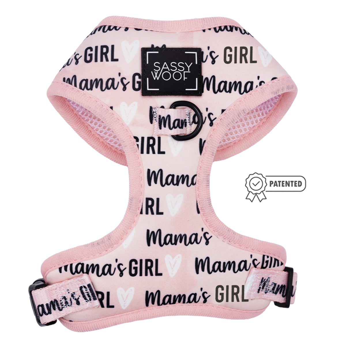 The Sassy Woof Dog Two Piece Bundle - Mama's Girl features a pink adjustable harness with black and white "Mamas GIRL" text, white heart designs, a SASSY WOOF label, and sturdy black D-ring. Ideal for puppy growth protection plans. Patented icon included.