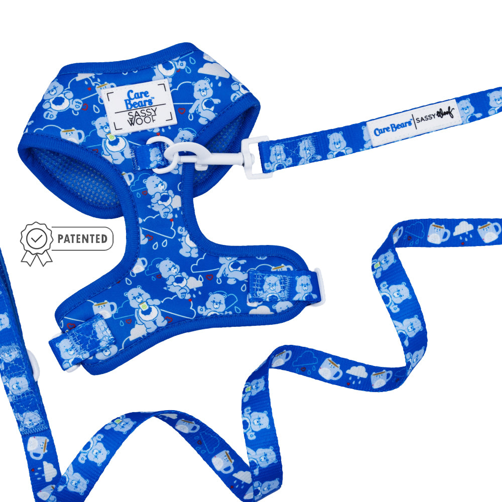 The Sassy Woof Dog Two Piece Bundle - Care Bears™ Grumpy Bear features a blue adjustable harness and leash set with Care Bears and cloud design, white plastic buckle, “Care Bears Sassy Woof” label, and silver badge icon—ideal for fans.