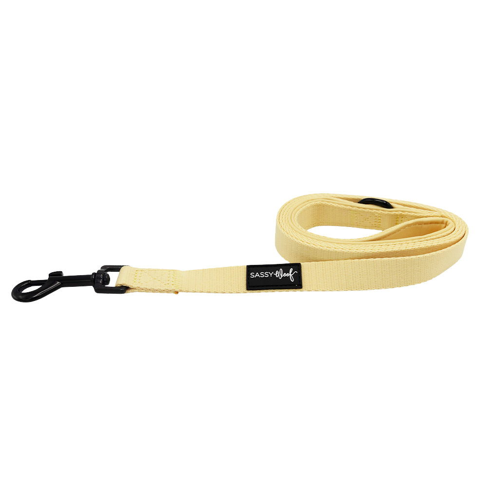 The Dog Leash - Daffodil by Sassy Woof is a rolled-up yellow leash featuring a comfy neoprene handle, black metal clip, and a black SASSY WOOF label on the handle.