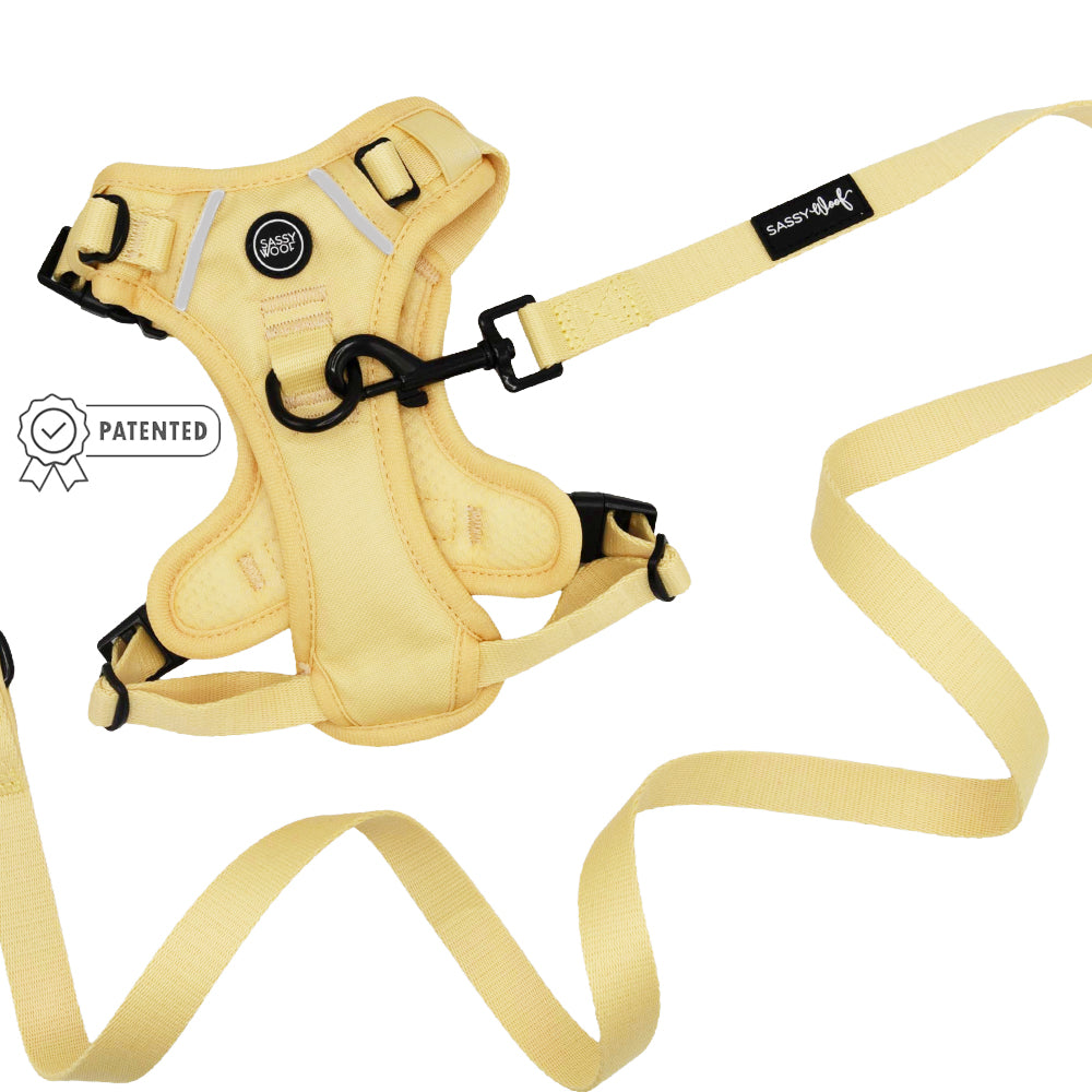 The Sassy Woof Dog Two Piece Bundle - Daffodil includes a yellow step-in harness with black buckles and matching leash, both featuring a patented badge and Sassy Woof branding.