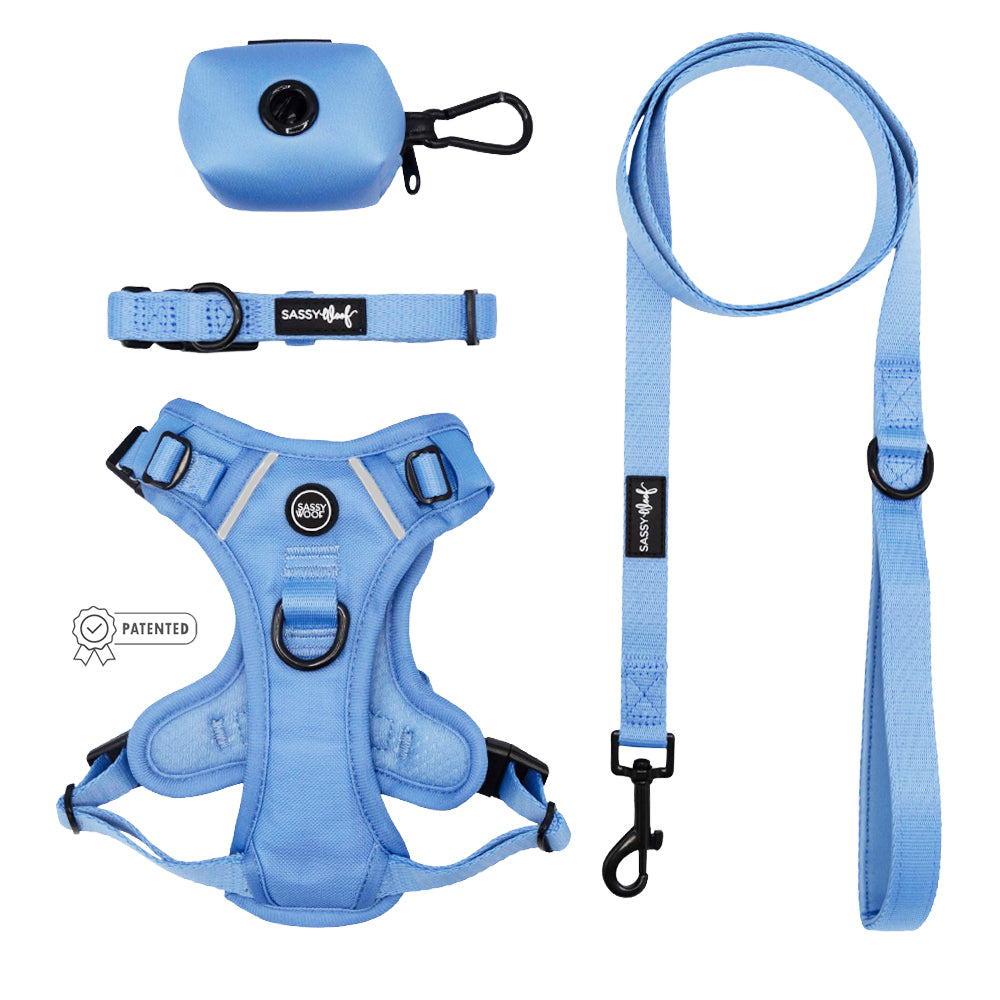 The Sassy Woof Dog Four Piece Bundle - Hydrangea features a light blue harness, collar, leash, and waste bag holder from the Hydrangea collection, all displayed on a white background in soft pastel tones.
