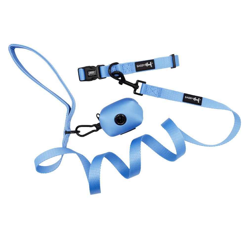 The Sassy Woof Dog Three Piece Bundle - Hydrangea, in pastel blue, includes a collar, leash, and matching detachable waste bag holder, all displayed together on a white background.
