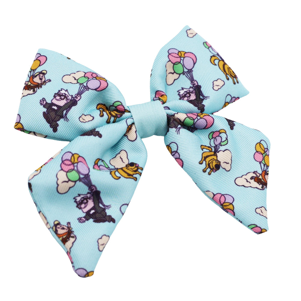 The Sassy Woof Dog Sailor Bow – Disney and Pixar's Up features cartoon animals like raccoons and bears with balloons among clouds, making it a playful accent for matching Disney Up dog accessories or an adjustable dog collar.