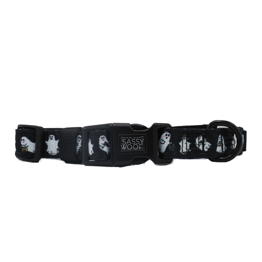 Introducing the Lil Boo Thing Dog Collar by Sassy Woof—a black adjustable collar adorned with white ghost images and finished with the Sassy Woof logo on its plastic buckle. This Halloween dog collar is an adorable way to add some spooky fun to your dog’s collection of ghost-themed accessories.