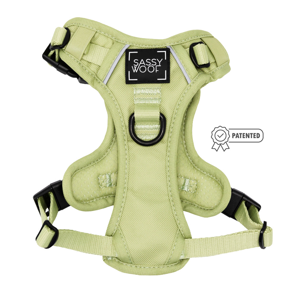 The Sassy Woof Dog Step-in Harness - Matcha is light green with black buckles, a black label, padded and reflective straps, a metal leash ring, and features a patented design icon.