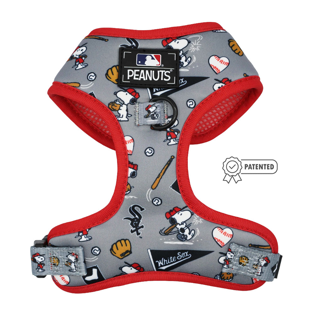 The Sassy Woof Harness Three Piece Bundle - MLB™ x Peanuts™ Chicago White Sox™ is a gray set with red trim featuring Snoopy, baseball graphics, Chicago White Sox logos, an MLB Peanuts label, and a patented badge.