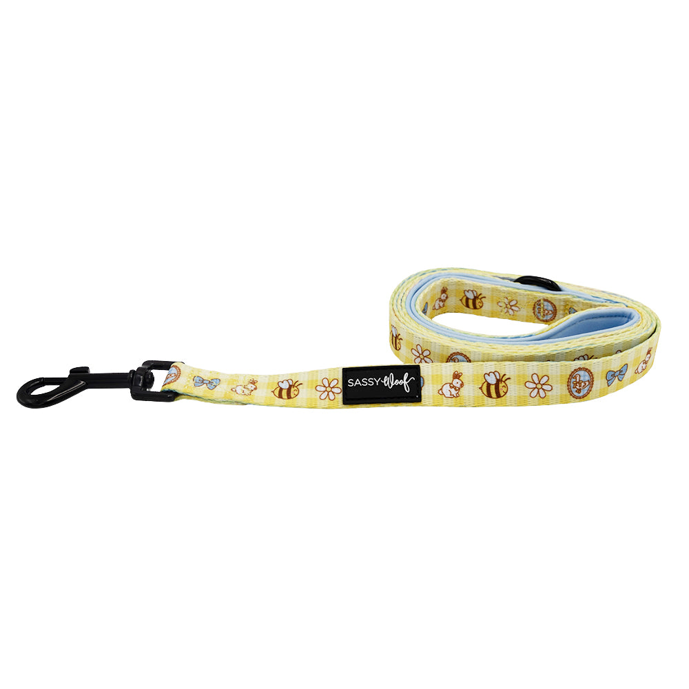 The Dog Leash - Patch Perfect by Sassy Woof features a yellow bee and flower pattern, black metal clasp, SASSY WOOF label, and a neoprene handle. The leash is shown coiled in a loose spiral.