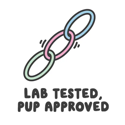 A icon showing a chain with tension. Text below reading "Lab Tested, Pup Approved"