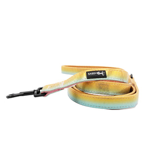 The Sassy Woof Dog Leash - The Night Life features pastel yellow and blue gradient colors, a padded design, black metal clasp, and brand label. Shown coiled on a white background, it's a stylish accessory for trendy pups.