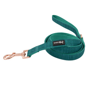 The Sassy Woof Dog Leash - Napa features a padded handle, green fabric, rose gold hardware, and a sturdy metal clip. Shown coiled with the Sassy Woof label, it pairs perfectly with an adjustable harness for stylish walks.