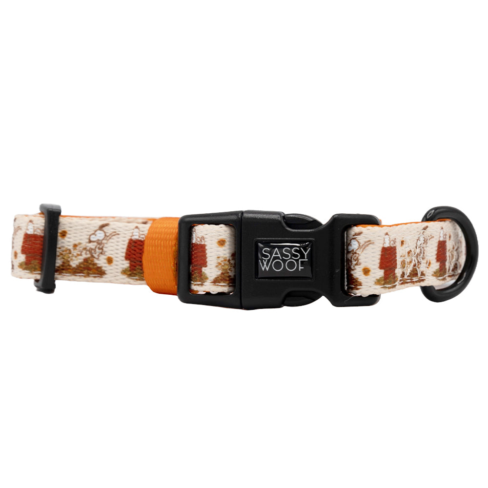 The Sassy Woof Dog Collar - Peanuts™ Harvest features an autumn orange and brown pattern, a black Sassy Woof side-release buckle with an orange accent, and a sturdy black metal D-ring for leash attachment.