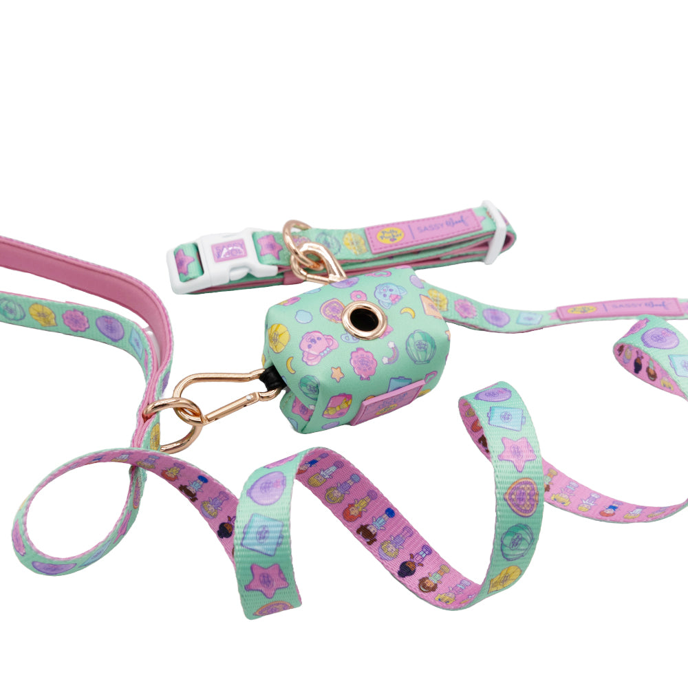 The Sassy Woof Collar Three Piece Bundle - Polly Pocket™ features a pastel green and purple collar, leash, and waste bag holder with cartoon donuts, cookies, and stars—fun pet accessories on a crisp white background.