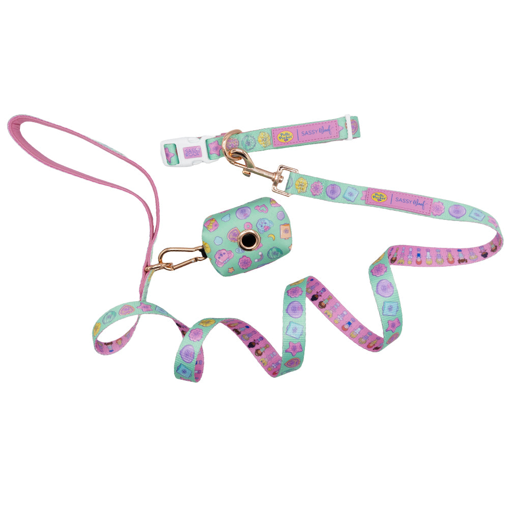 The Sassy Woof Collar Three Piece Bundle - Polly Pocket™ features a pastel green and pink leash set with playful cartoon designs, gold-colored hardware, and a matching waste bag holder. Pairs perfectly with the Polly Pocket collar or leash.