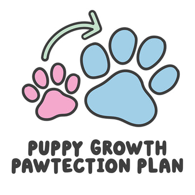 Icon displaying a smaller paw print with an arrow pointing to a larger paw print. Text below the icon reading "Puppy Growth Pawtection Plan"