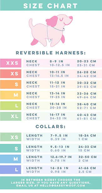 Image showing where to take measurements on a dog for a harness and collar. Corresponding sizes and measurements are listed below. Due to Shopify’s alt text character limit, a full description of the size chart cannot be included here. Please refer to the Reversible Harness and Dog Collar size charts for full details: https://www.sassywoof.com/pages/find-your-size