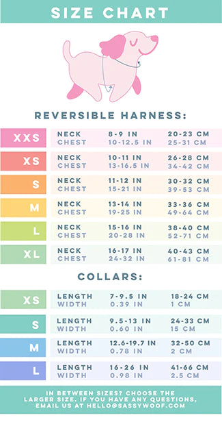 Image showing where to take measurements on a dog for a harness and collar. Corresponding sizes and measurements are listed below. Due to Shopify’s alt text character limit, a full description of the size chart cannot be included here. Please refer to the Reversible Harness and Dog Collar size charts for full details: https://www.sassywoof.com/pages/find-your-size