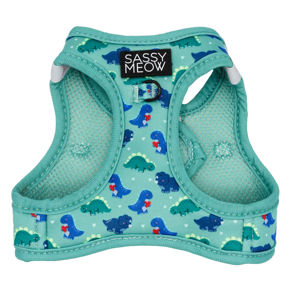 The Cat Bundle - Dino Darling by Sassy Woof features a teal harness with cartoon dinosaurs and red hearts, a SASSY MEOW label, and metal ring for leash attachment, keeping your cat secure and stylish.