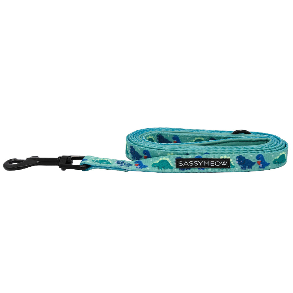 The Cat Leash - Dino Darling by Sassy Woof showcases a playful dinosaur pattern, comfy neoprene handle, black metal clip, and a SASSYMEOW label.