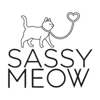 Logo with a cat and heart leash, and 'Sassy Meow' text on a white background
