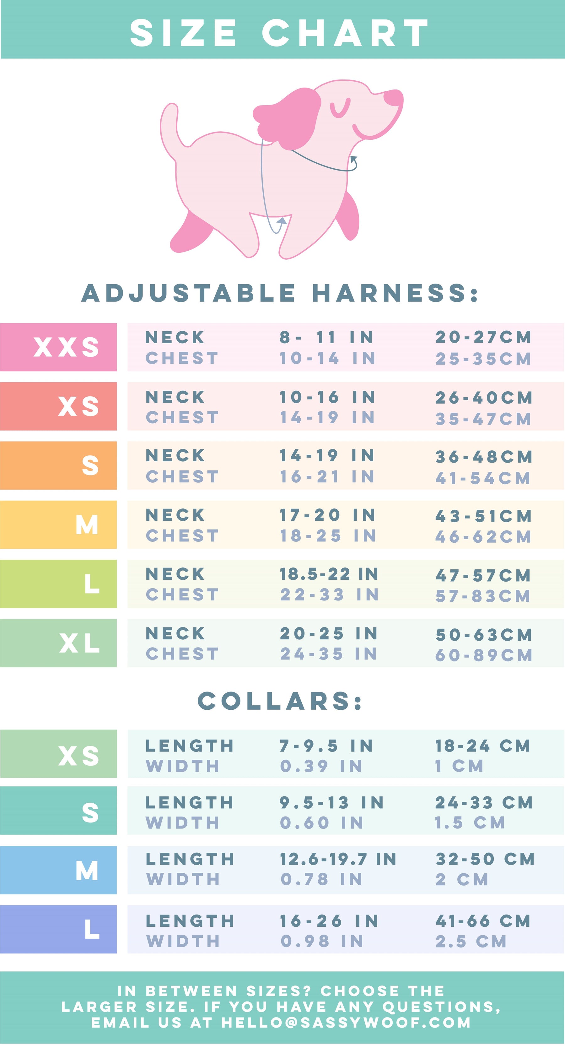 Image showing where to take measurements on a dog for a harness and collar. Corresponding sizes and measurements are listed below. Due to Shopify’s alt text character limit, a full description of the size chart cannot be included here. Please refer to the Adjustable Harness and Dog Collar size charts for full details: https://www.sassywoof.com/pages/find-your-size