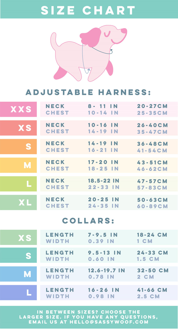 Image showing where to take measurements on a dog for a harness and collar. Corresponding sizes and measurements are listed below. Due to Shopify’s alt text character limit, a full description of the size chart cannot be included here. Please refer to the Adjustable Harness and Dog Collar size charts for full details: https://www.sassywoof.com/pages/find-your-size