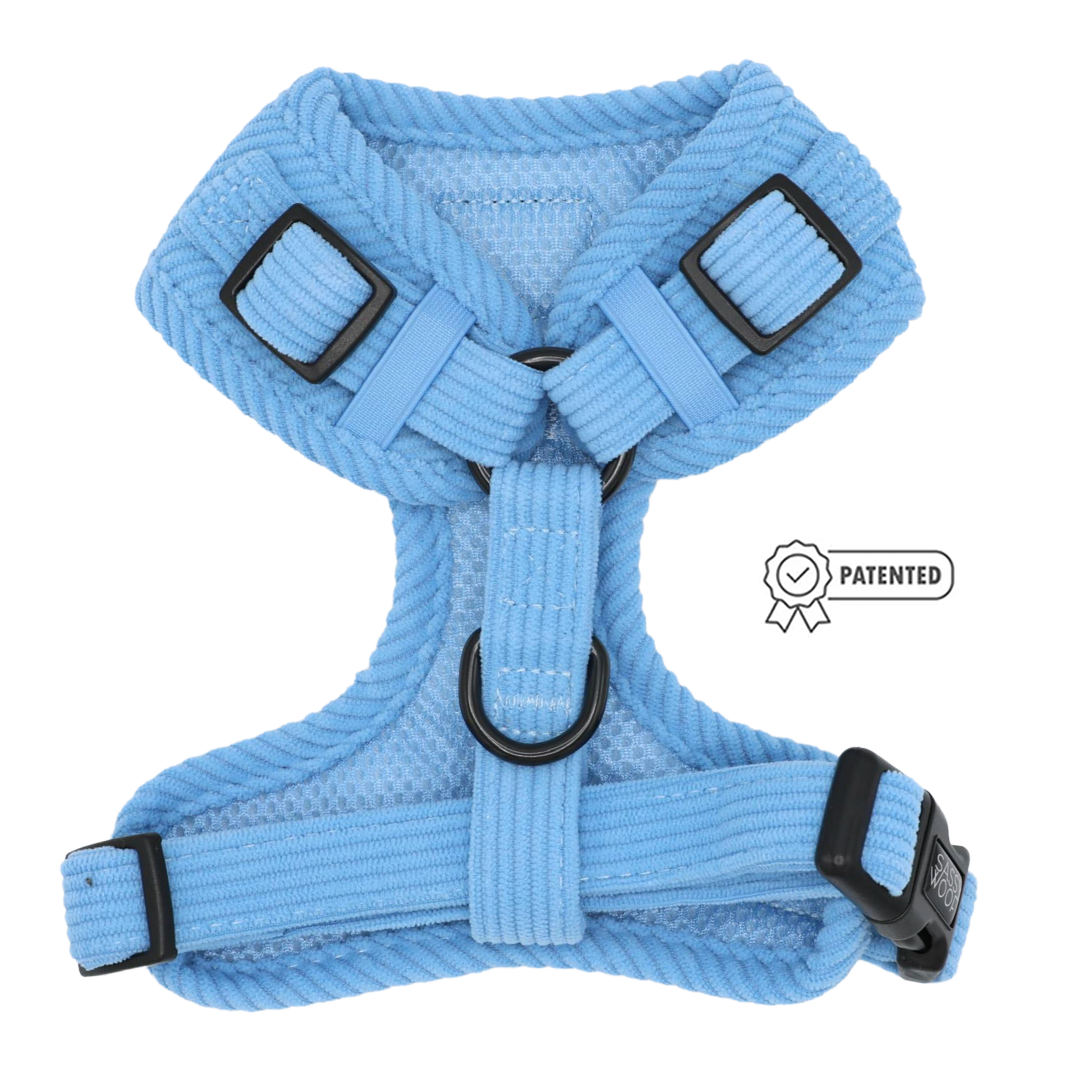 Sassy Woof Dog Adjustable Harness - Morning Frost in light blue, featuring a no-pull design, black buckles, hardware, and a small patented seal icon on the side.