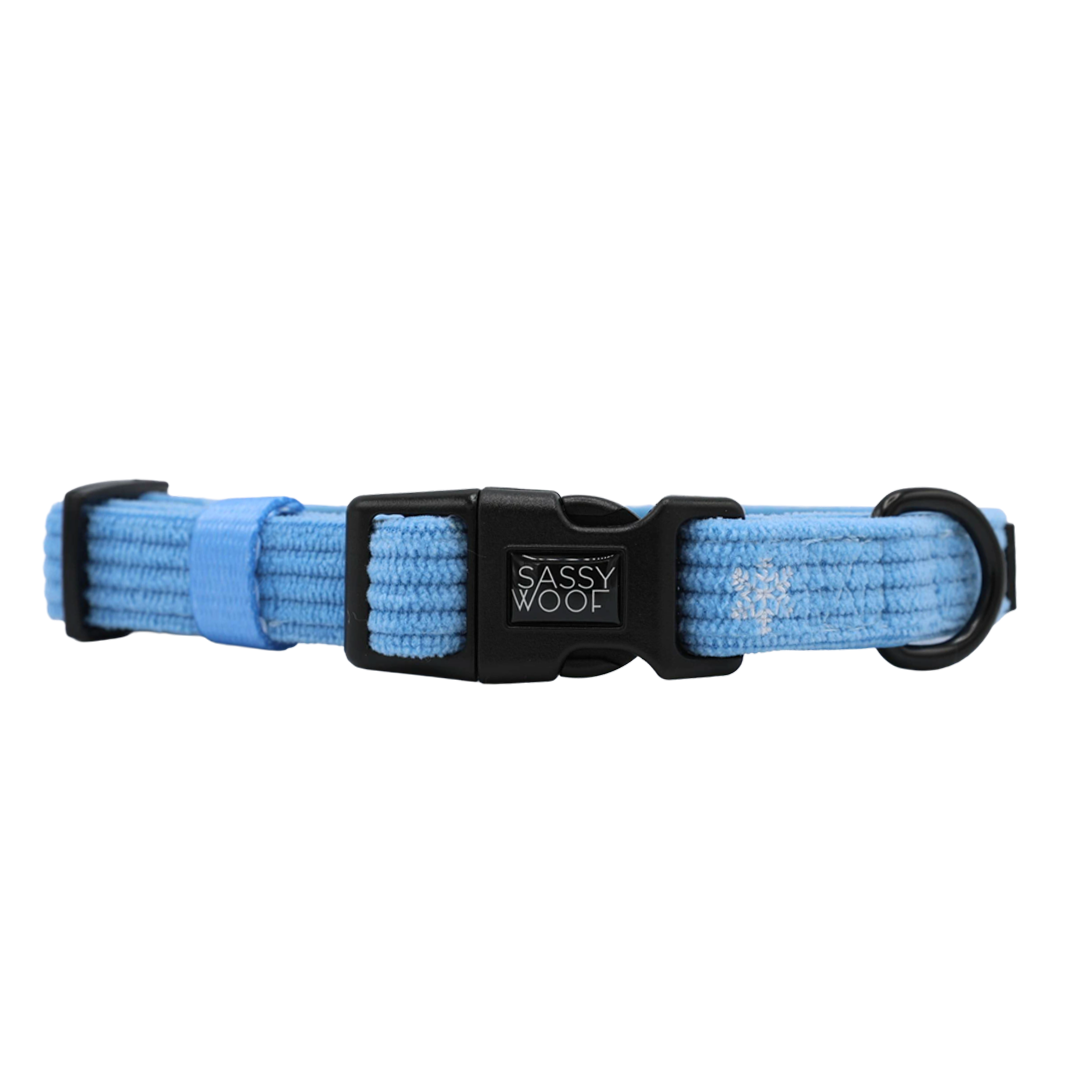 Sassy Woof Morning Frost dog collar in light blue neoprene with a black buckle and a small white snowflake pattern.
