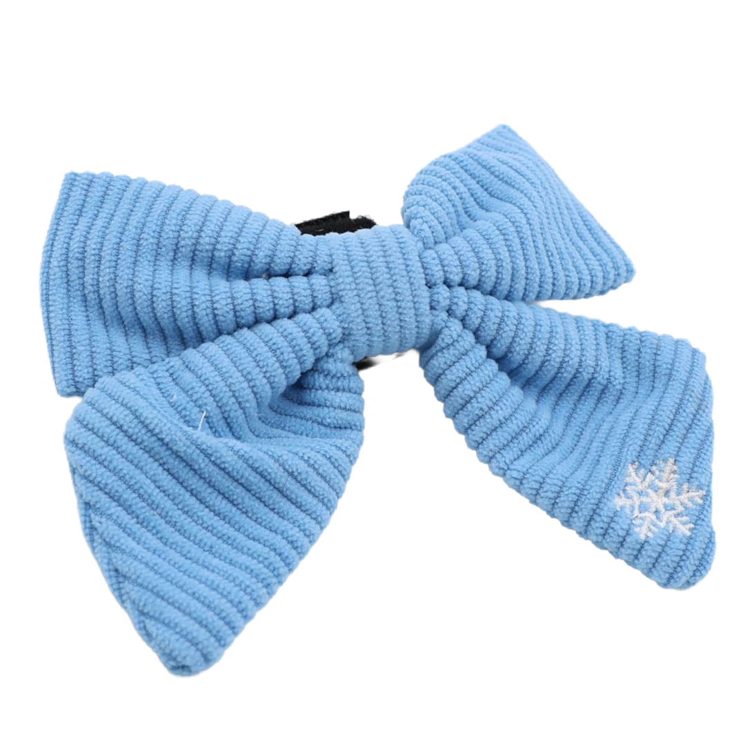 Light blue Dog Sailor Bow - Morning Frost for a dog harness, featuring a small white embroidered snowflake on one end.