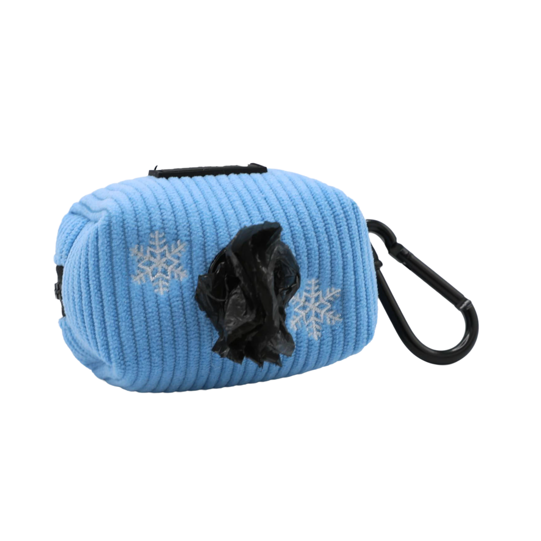 Sassy Woof Dog Waste Bag Holder - Morning Frost in light blue, textured neoprene with white snowflake patterns and a black carabiner clip.