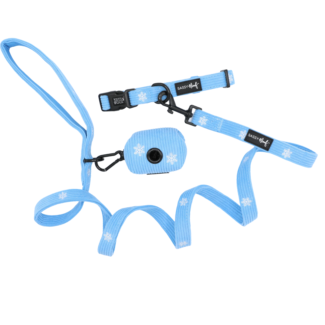 Sassy Woof Dog Collar Three Piece Bundle - Morning Frost featuring a light blue dog collar, leash, and waste bag dispenser set with a white snowflake pattern.
