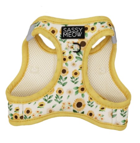 The Cat Bundle - Sunflower Dreams by Sassy Woof features an adjustable harness with yellow trim, a sunflower and green leaf pattern, a Sassy Meow label, and a black metal ring—ideal for sunflower-loving cat owners.