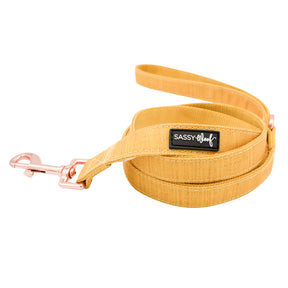 The Sassy Woof Dog Leash - Sunflower Fields features a rose gold clasp and a black "Sassy Woof" label, shown rolled up on a white background—perfect to pair with the matching dog harness.