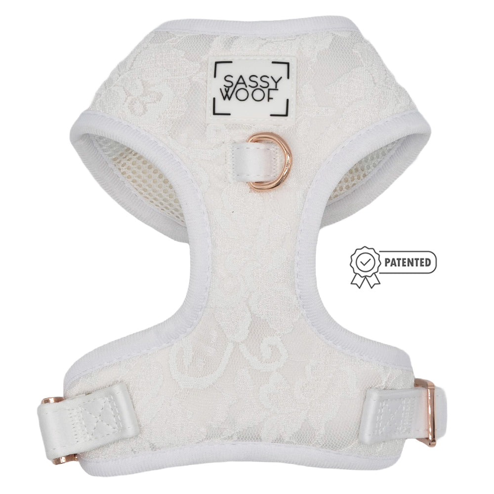 The Sassy Woof Dog Four Piece Bundle - Pup of Honor features a satin harness with a lace-like pattern, rose gold hardware, front label, and Patented badge. Part of the Pup of Honor Collection.