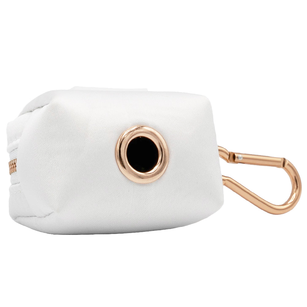 The Sassy Woof Dog Waste Bag Holder - Pup of Honor is a small white satin holder featuring a gold metal grommet and a matching gold carabiner clip for easy attachment.