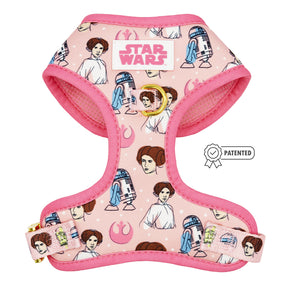 The Sassy Woof Dog Adjustable Harness - STAR WARS™ Princess Leia features pink trim, gold hardware, and Rebel Alliance designs—perfect for Star Wars fans and their pups.