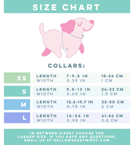 Neck(N): Measure where a collar naturally sits.
Size XS – Length: 7 to 9.5 inches (18-24 cm), Width: 0.39 inches (1 cm).
Size S – Length: 9.5 to 13 inches (24–33 cm), Width: 0.60 inches (1.5 cm).
Size M – Length: 12.6 to 19.7 inches (32–50 cm), Width: 0.78 inches (2 cm).
Size L – Length: 16 to 26 inches (41–66 cm), Width: 0.98 inches (2.5 cm).