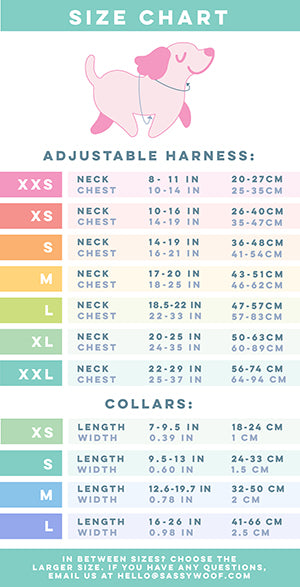Image showing where to take measurements on a dog for a harness and collar. Corresponding sizes and measurements are listed below. Due to Shopify’s alt text character limit, a full description of the size chart cannot be included here. Please refer to the Adjustable Harness and Dog Collar size charts for full details: https://www.sassywoof.com/pages/find-your-size