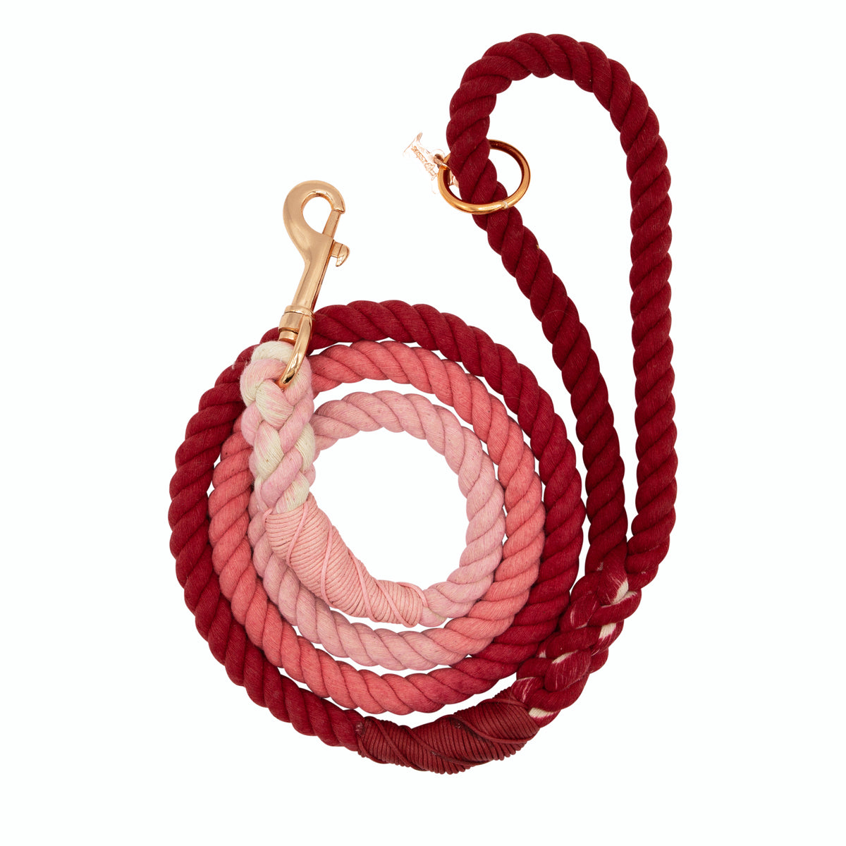 A close-up of the Sassy Woof Dog Rope Leash - Beloved, showcasing its stylish rose gold hardware.
