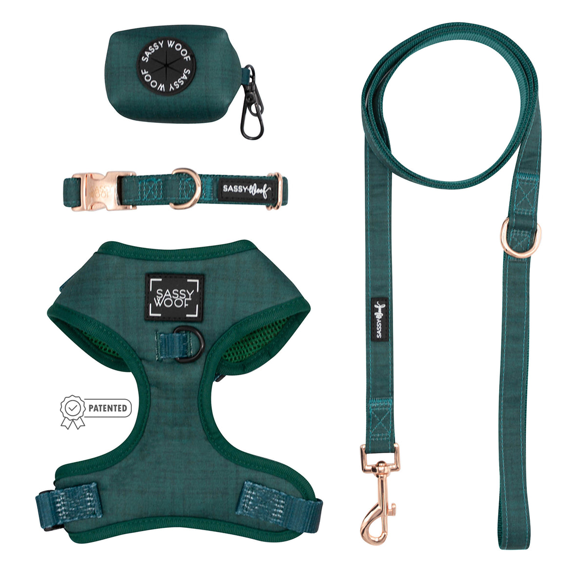 Sassy Woof Dog Four Piece Bundle - Forest in green, featuring an adjustable harness, collar, leash, and waste bag holder with rose gold hardware.