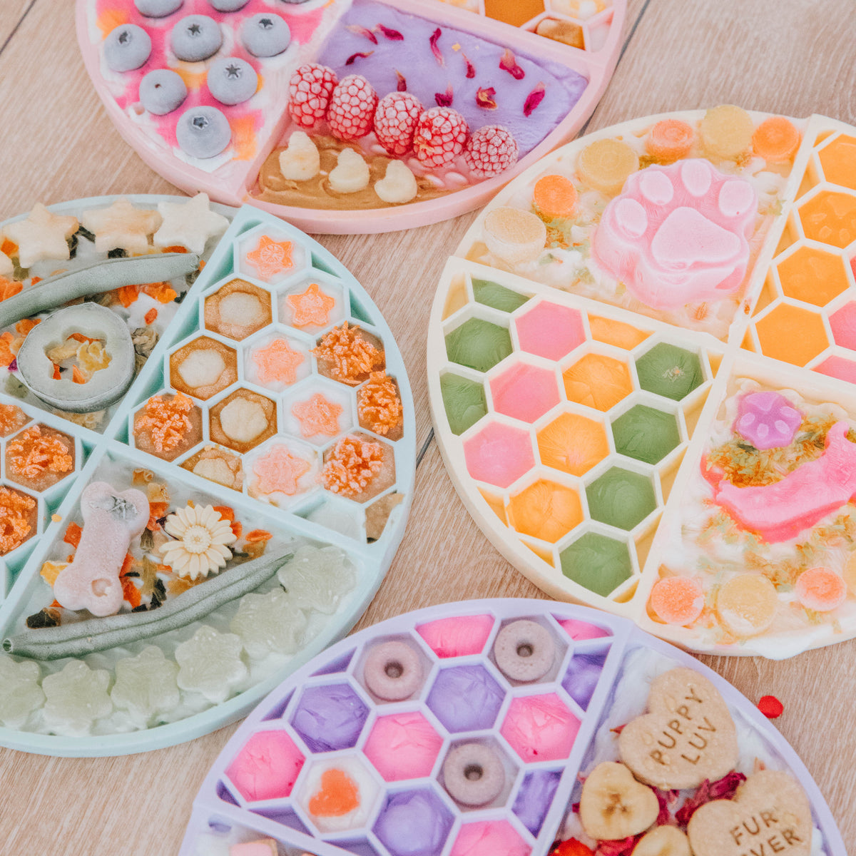 The Sassy Woof Dog Lick Mat features four colorful, sectioned round platters with treat molds shaped like flowers, paw prints, honeycombs, and fruits—ideal for interactive fun or dog anxiety relief.