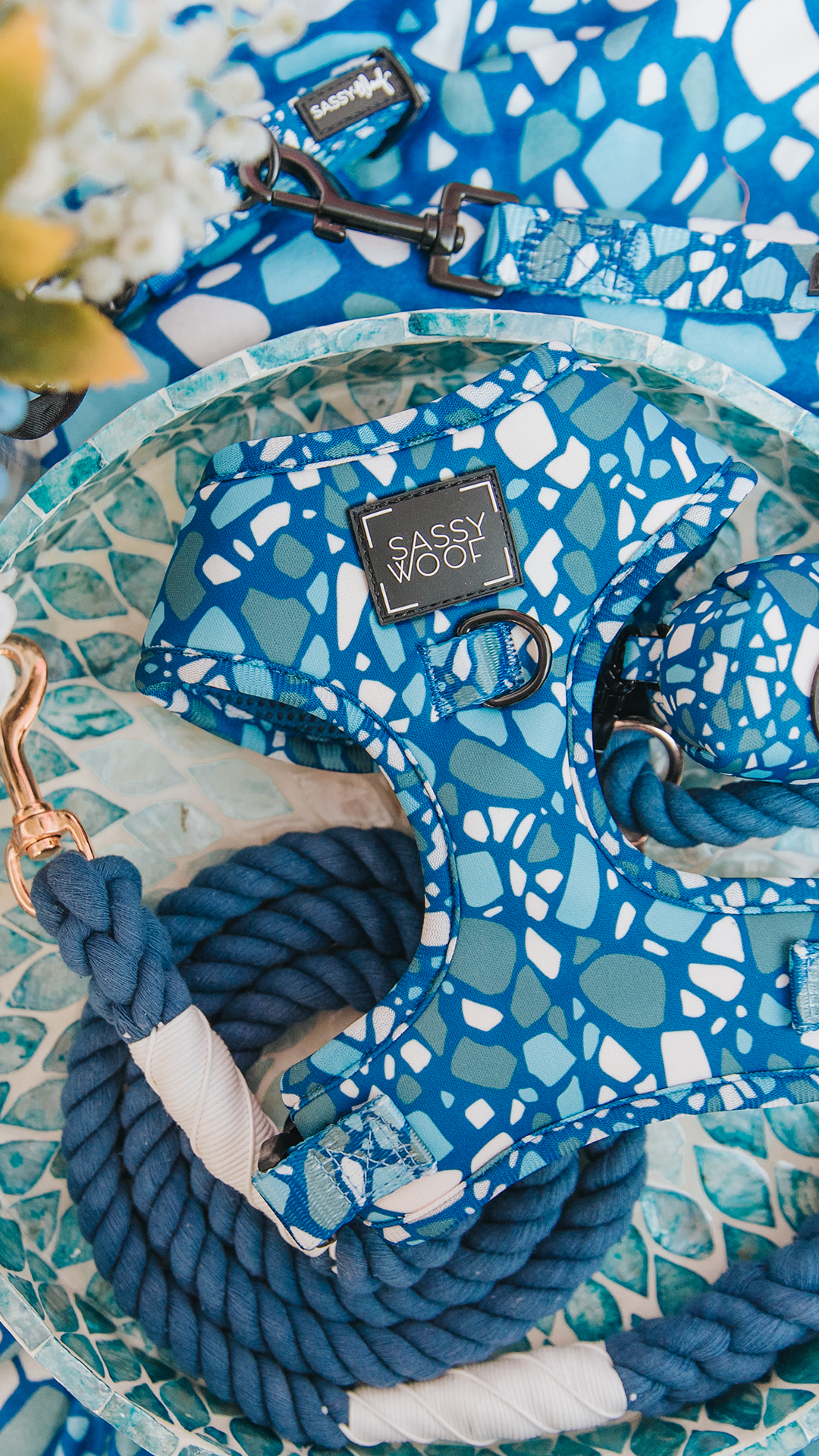 Blue and white patterned “Sassy Woof” dog harness with matching leash and collar, arranged in a decorative bowl with a leafy blue-green motif.