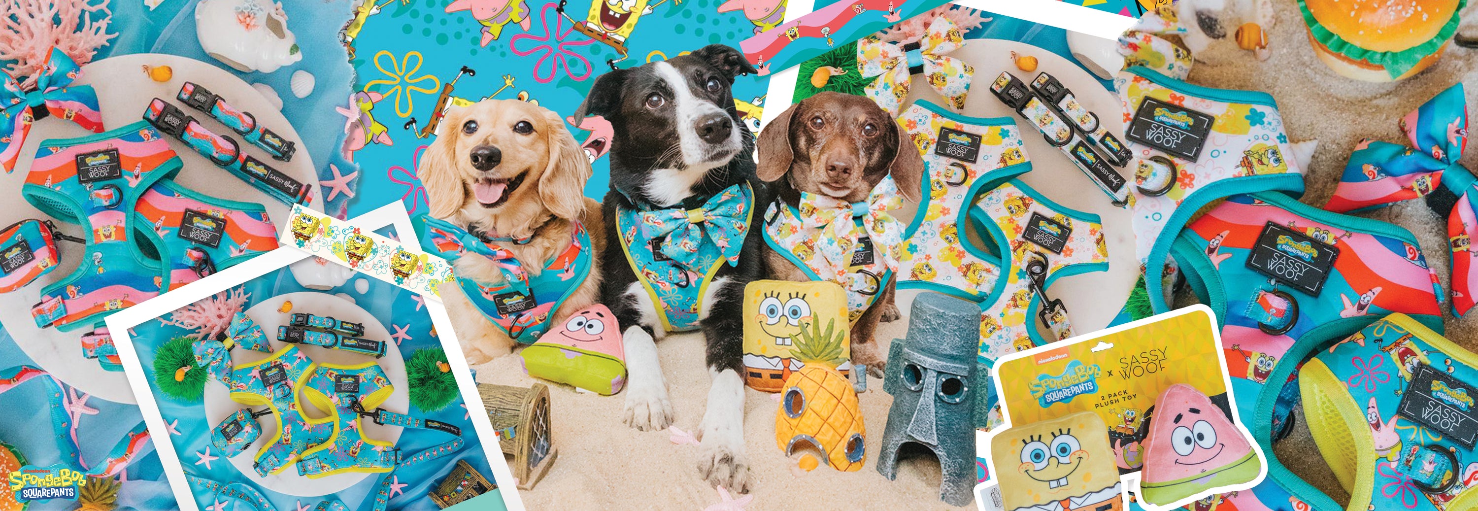 Three dogs wearing SpongeBob-themed accessories lie among colorful SpongeBob SquarePants pet toys, treats, and costumes, including plush toys of Patrick, SpongeBob, and Squidward, all laid out on a decorated background.