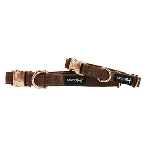 The Sassy Woof Dog Collar - Teddy features brown adjustable webbing, rose gold hardware, a sturdy D-ring, and a black Sassy Woof label, shown on a white background.