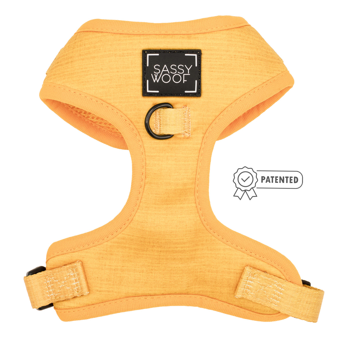 A yellow adjustable harness with a black label from the Sassy Woof Dog Two Piece Bundle – Sunflower Fields collection.