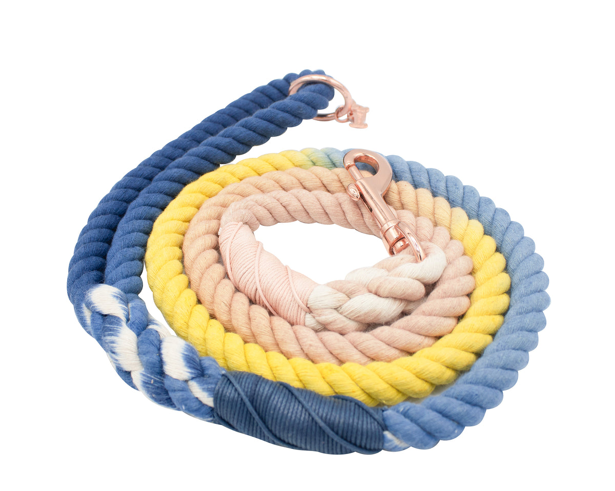 The Sassy Woof Dog Rope Leash - Airy is a hand-crafted cotton leash with coiled blue, white, yellow, and pale pink sections and a sturdy metal clasp at one end.