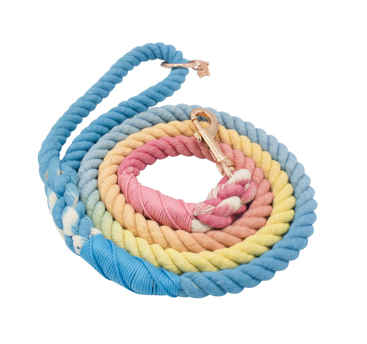 The Sassy Woof Dog Rope Leash - Bright features pastel blue, pink, yellow, and white ombre hues and a sturdy metal clasp for secure collar attachment.