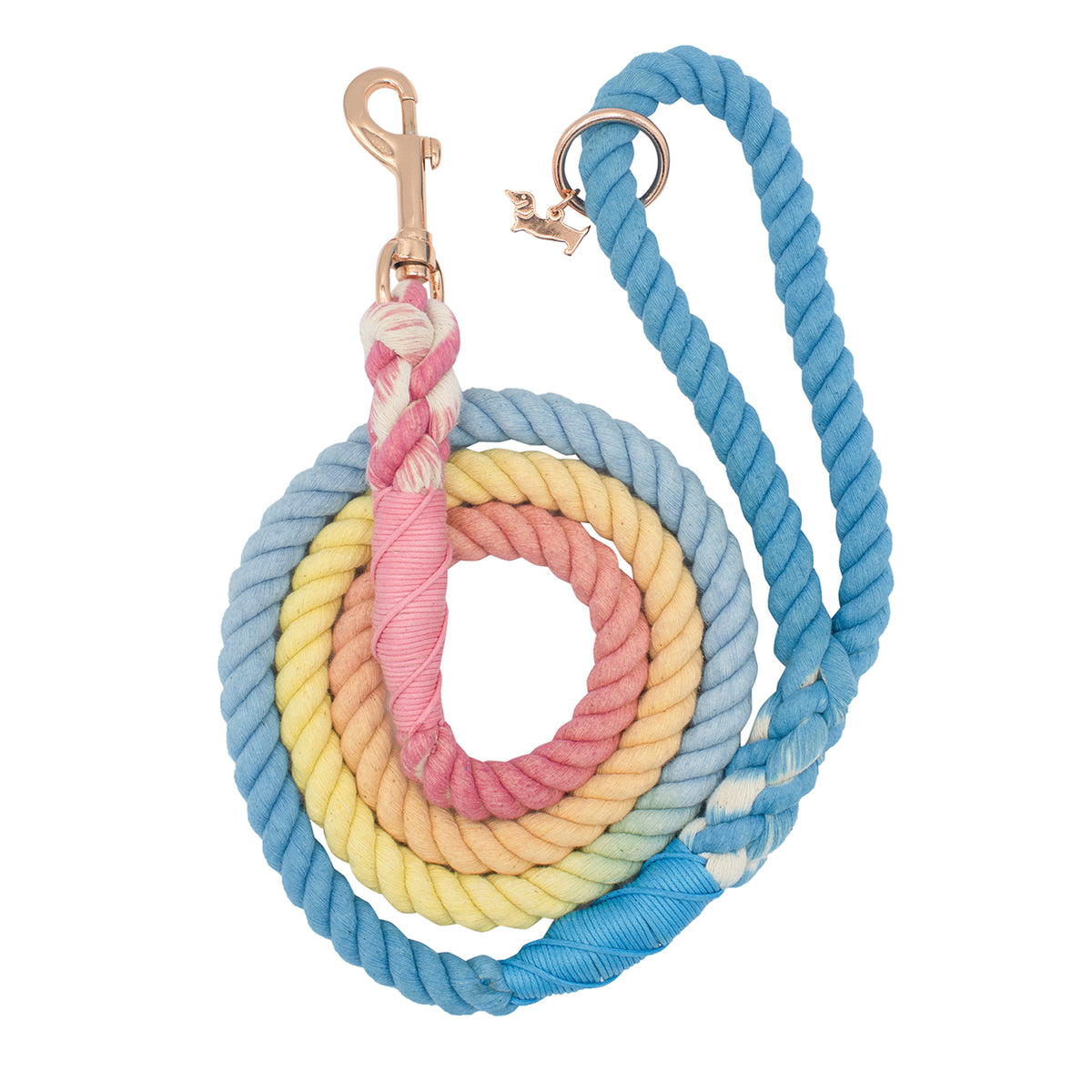 The Sassy Woof Dog Rope Leash - Bright is a hand-crafted ombre leash with gold hardware, featuring sturdy hardware and a multicolored design transitioning from blue to yellow, pink, and white, plus a ring near the handle.