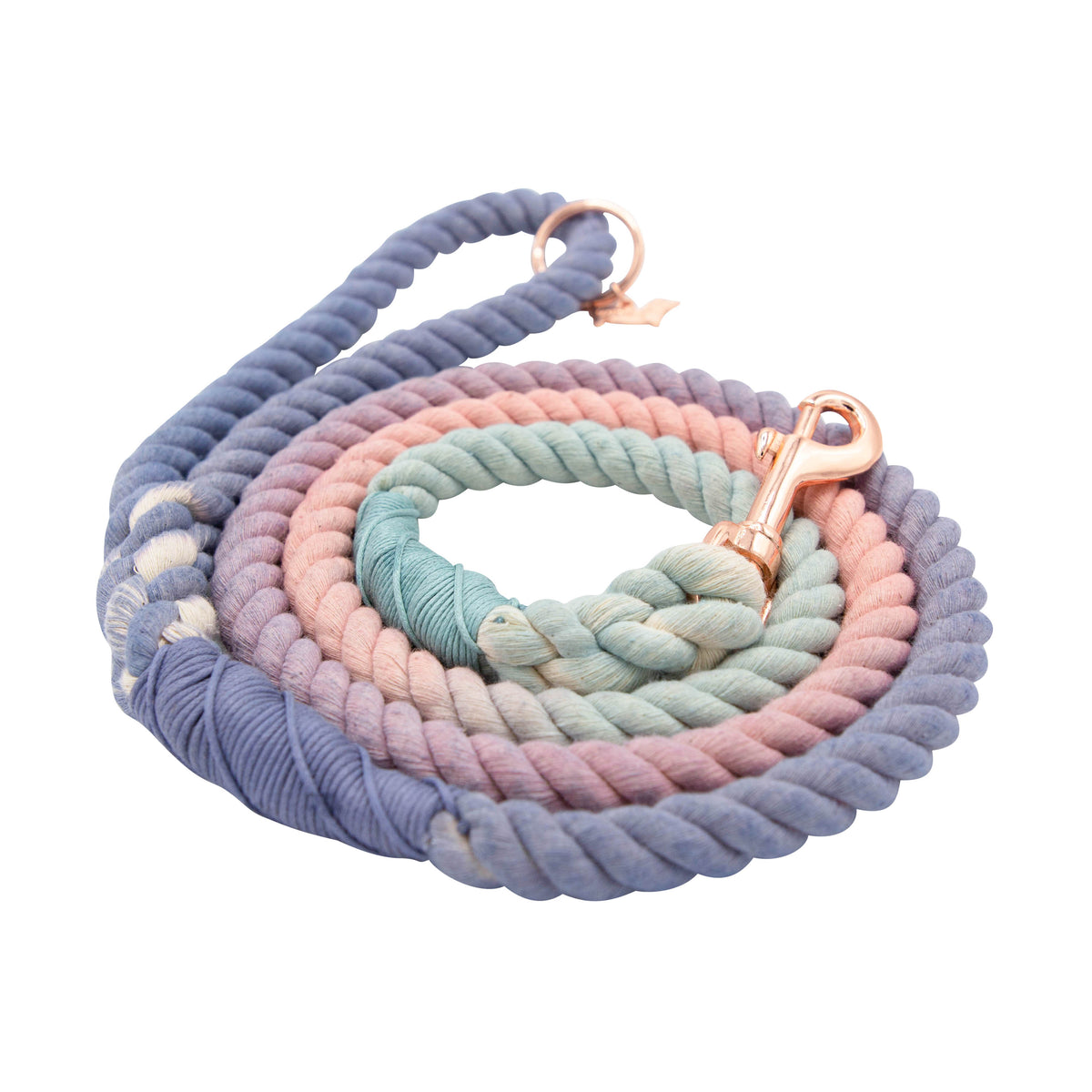 The Sassy Woof Dog Rope Leash - Orchid is a hand-crafted cotton leash with pastel ombre blue, purple, pink, and mint green sections, plus a rose gold metal clasp.