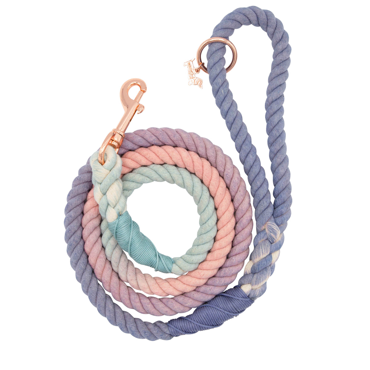 The Sassy Woof Dog Rope Leash - Orchid features a twisted, thick pastel ombre design in pink, blue, and mint green with a rose gold clasp—combining stylish cotton durability for your pup.